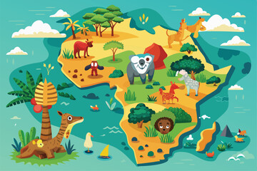 Naklejka premium A whimsical illustration showcases Africa, with cartoon animals and diverse landscapes highlighting the continent's rich wildlife