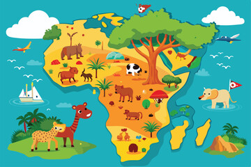 Naklejka premium A colorful map of Africa showcases cartoon animals, highlighting the continent's diverse wildlife and natural landscapes in an engaging way