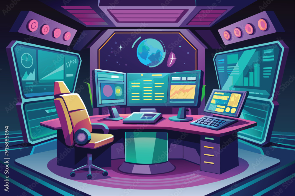 Poster a high-tech desk features multiple holographic screens displaying data in a vibrant, space-themed ro