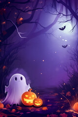 Cute little ghost on a purple Halloween forest background with pumpkins, full moon and bats on a purple gradient background with hazy copy space. Vertical purple halloween background