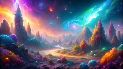 A fantastic cosmic landscape with a river among bizarre natural formations and a picturesque sky