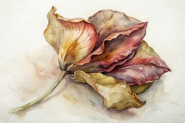 A watercolor painting of a dried up flower with brown and yellow petals. The painting conveys a sense of loss and decay, as the once vibrant flower has withered and lost its life