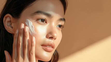 asian woman with perfect facial skin applying white face cream on cheek placed on beige canvas with enough space for text. Japanese woman skin care and makeup application