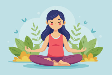 A girl sits cross-legged with her eyes closed, hands in prayer, immersed in meditation amidst vibrant greenery and soft colors of nature