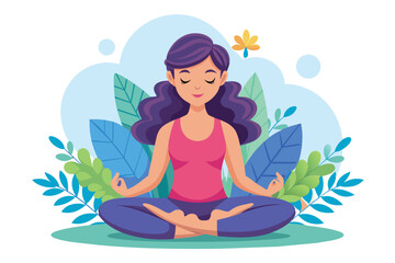 A girl sits peacefully with her eyes closed and hands in a prayer position, surrounded by vibrant leaves, enjoying a moment of meditation outdoors