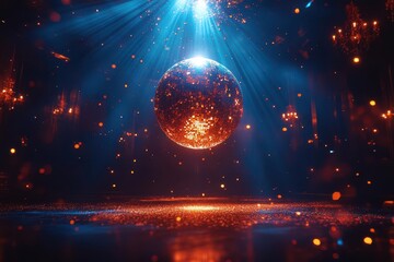 opulent disco ball radiating dazzling light beams dark nightclub setting swirling particles catch the light glamorous party atmosphere