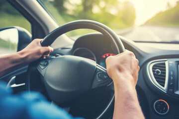 Close-up of a driver hands gripping the steering wheel, driving on a sunny road, representing travel and road safety