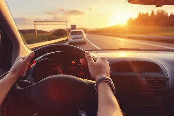 POV view of a driver holding the steering wheel while driving on a highway at sunset, capturing the essence of a peaceful road trip