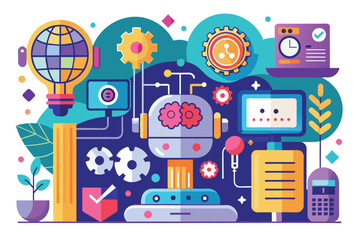 A vibrant robot is set among gears, charts, and devices, showcasing a modern technological workspace filled with creative energy