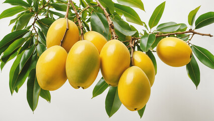 A branch of a tree with green leaves and several yellow, oval fruits.