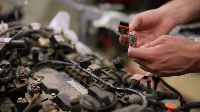 Closeup of male mechanic master checking high-voltage wires, hoses on car engine. Close-up of repairman servicing old vehicle in automobile repair and renew service station. Shooting in slow motion.
