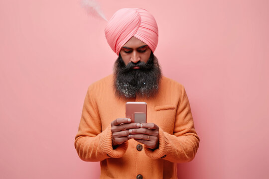 A serious Indian man with a long beard and turban focuses on his smartphone, set against a pink background - Powered by Adobe