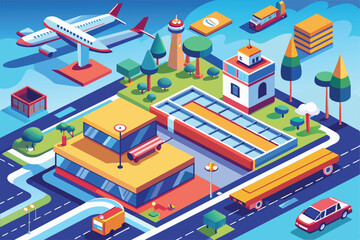 A vibrant illustration displays an airport with airplanes, terminal buildings, roads, and surrounding trees during daytime