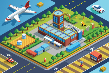 An isometric illustration showcasing an airport runway, control tower, and various ground vehicles in a vibrant, daytime setting