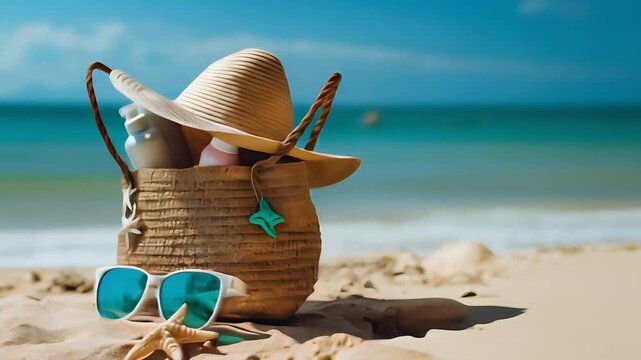Beach Bag with Summer Essentials on Sandy Beach with Ocean Background