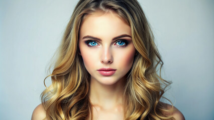 Fototapeta premium Beautiful young woman with flawless skin and bright blue eyes standing confidently in front of a clean white background, gazing directly at the camera.