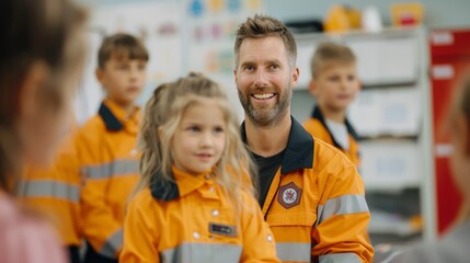 Firefighter Engaging With Students in Classroom During Safety Presentation