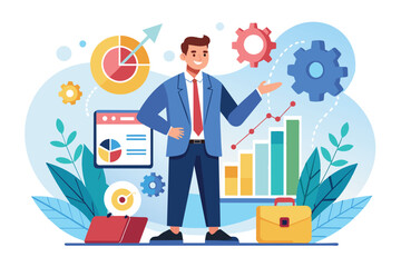 A confident leader stands amidst charts and gears, illustrating success in business analysis and strategic planning