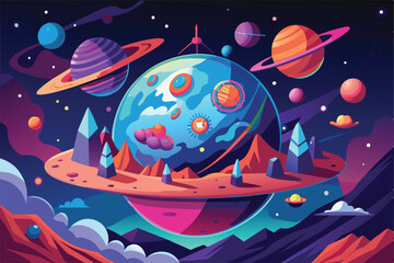 A vibrant alien planet features majestic mountains, unique crystals, and colorful rings in a captivating cosmic setting filled with distant planets