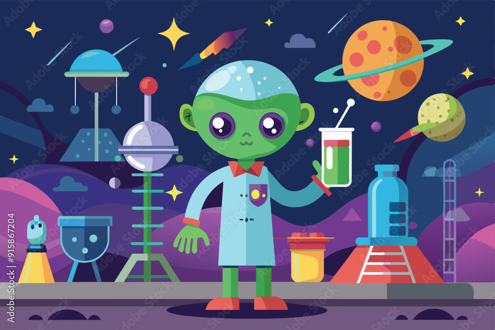 Poster a friendly alien conducts experiments in a colorful cosmic laboratory filled with planets, spacecraf