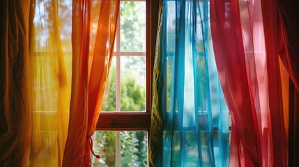 Window with multicolored curtains