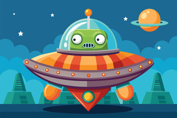 A colorful alien spaceship stands ready for adventure, set against a vibrant extraterrestrial landscape under a starry sky with a distant planet