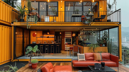 A shipping container home with an open floor plan, The exterior is yellow metal and the interior has a red sofa set. modern style. a bar inside the living room and a balcony above it. Generative AI.