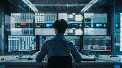A male IT worker sits at his desk in front of computer monitors and looking computer screen, seen from behind and looking over the of an AI system that processes data on monitor displaying code
