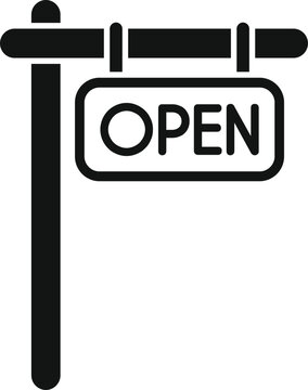 recommend clip art: Simple icon of an open sign hanging from a wooden bar, indicating the shop is open for business