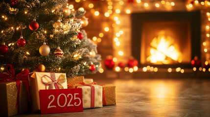 Christmas tree with presents in boxes in front of fireplace