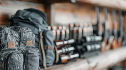 Hunting Gear and Supplies Displayed on Shelves in Rustic Cabin