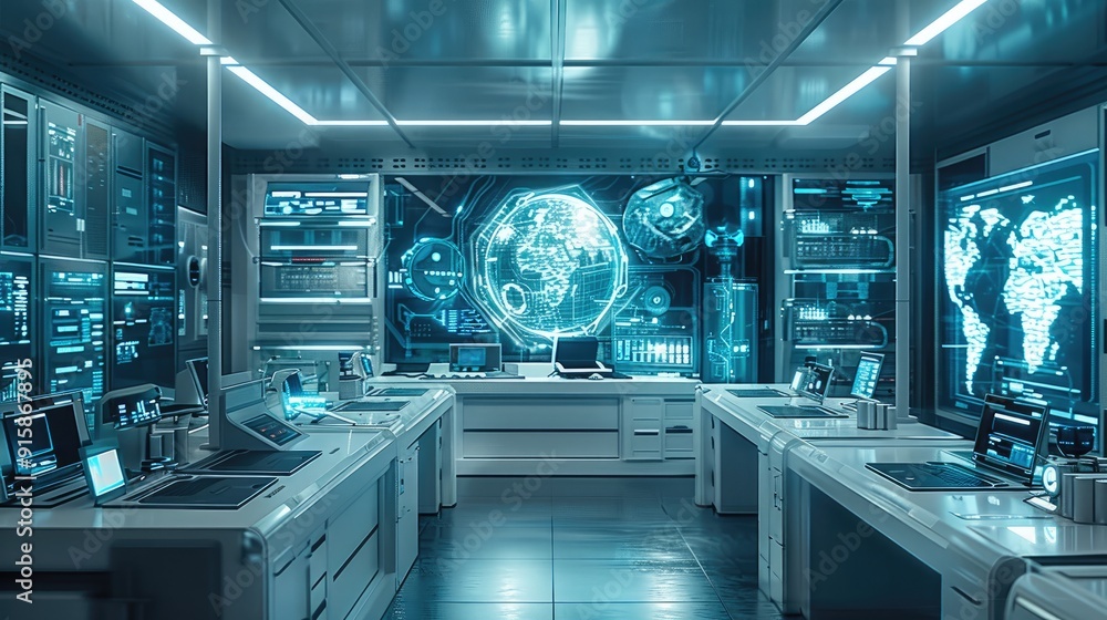 Poster A high-tech laboratory with various digital objects, including a floating digital assistant, augmented reality tablets, and interactive data screens. Generative AI.