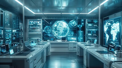 A high-tech laboratory with various digital objects, including a floating digital assistant, augmented reality tablets, and interactive data screens. Generative AI.