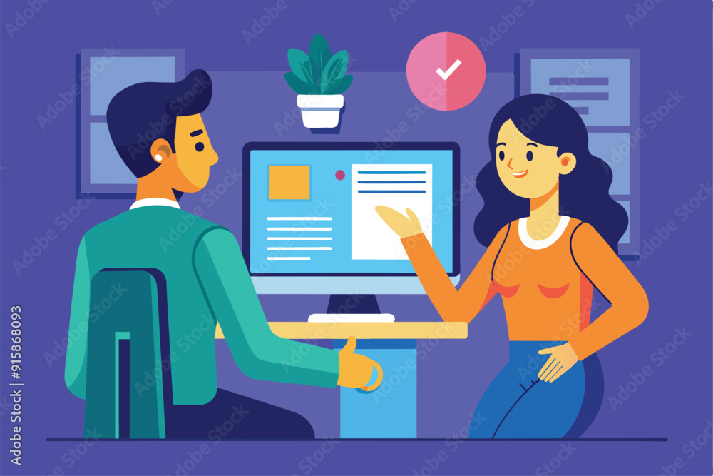 Poster a man and a woman engage in a collaborative discussion while reviewing content on a computer in a co