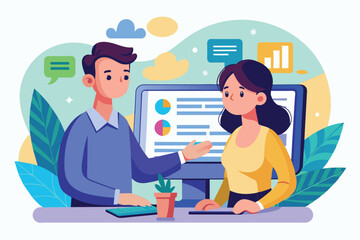 A man and a woman engage in a discussion while reviewing data displayed on a computer screen at an office workspace