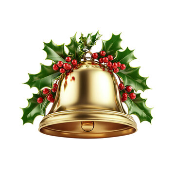 recommend clip art: A golden Christmas bell decorated with holly leaves and red berries, png