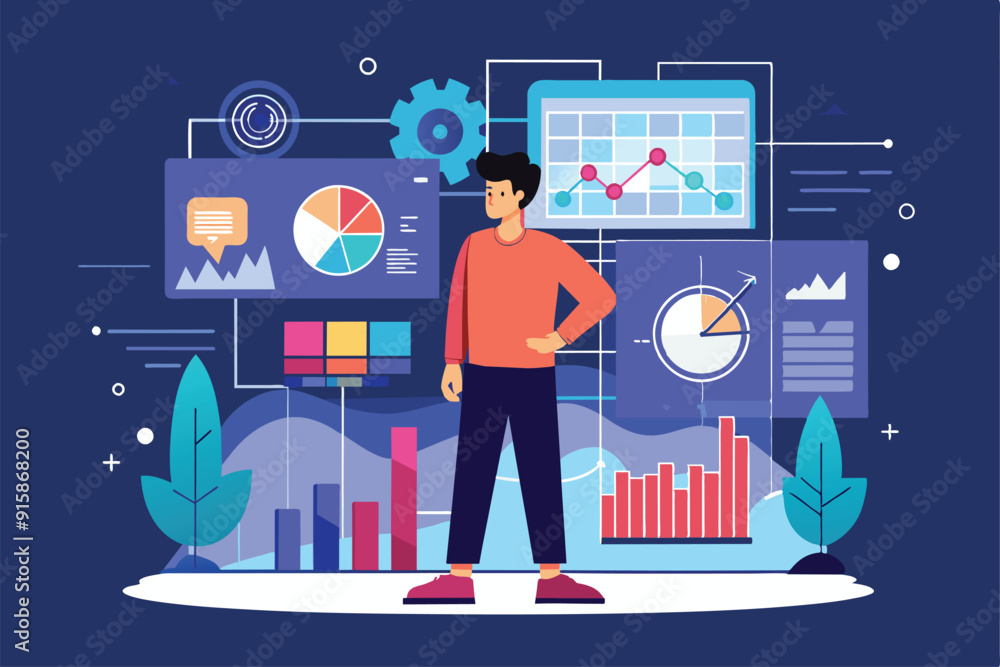 Wall mural A man stands confidently, assessing various big data visualizations, charts, and graphs in a modern workspace filled with analytics