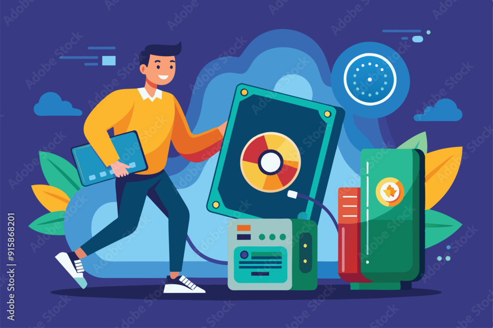 Poster a man holds a laptop while backing up data to an external hard drive in a vibrant, modern workspace