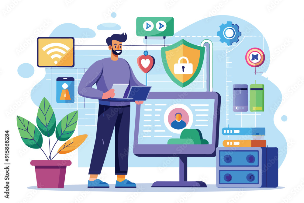 Poster a man reviews privacy settings on a security system using a laptop in a modern home office environme