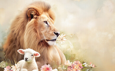 Vintage Lion And Lamb Shabby Chic Graceful Majesty: The Lion of Judah with the Lamb of Peace Rustic Texture Christian Inspired Digital Illustration, Sublimation Art.