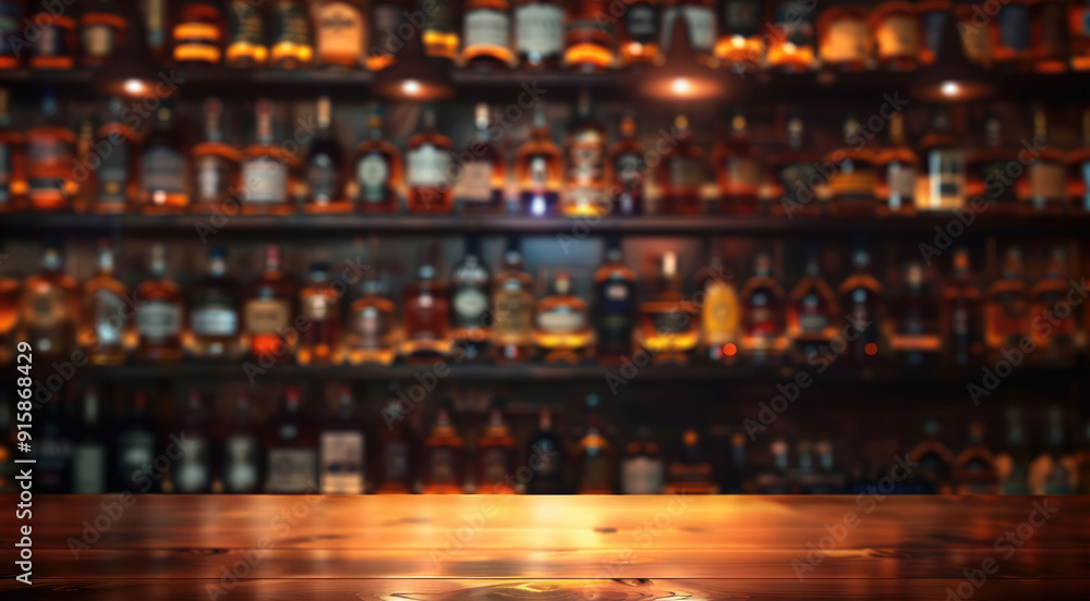 Poster a blurred background of an empty stage with shelves filled in the style of whiskey. generative ai.