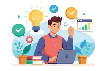 A man at his desk suddenly gets a brilliant idea for a task while working on his laptop surrounded by plants and study materials