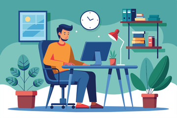 A man sits comfortably in a chair at his desk, focused on his computer in a well-decorated workspace filled with plants and books