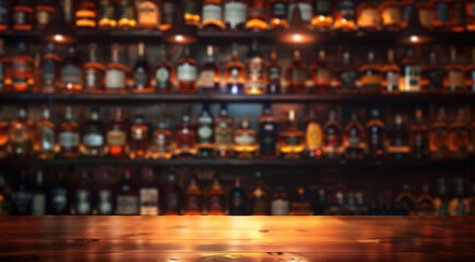 Fototapeta premium A blurred background of an empty stage with shelves filled in the style of whiskey. Generative AI.