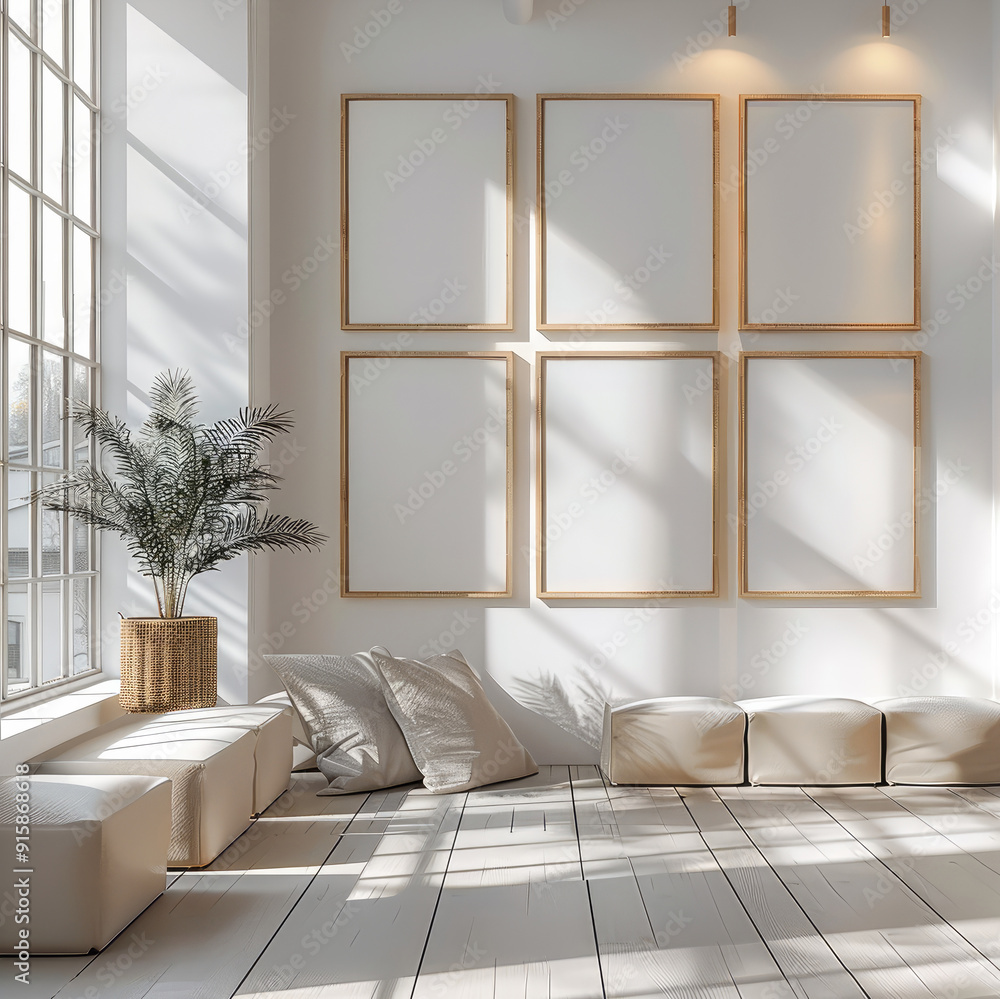 Poster A mockup of an empty wall with 6 light wooden frames, white background with natural light, minimalist design. Generative AI.