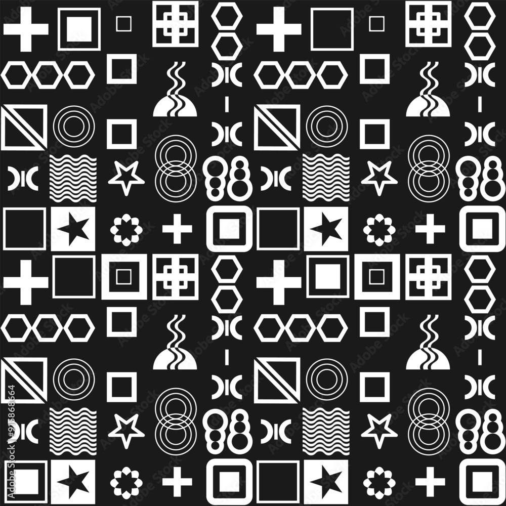 Poster seamless pattern with randomly placed white geometric shapes on a black background. vector illustrat