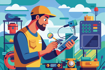 A man examines a technical device, focused on repairs while surrounded by various tools and equipment in a well-lit workshop