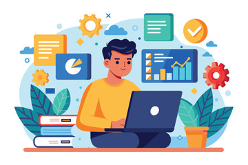 A man installs applications on a laptop, focusing intently while supported by colorful graphics and office supplies around him