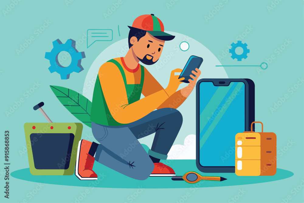 Poster a man kneels while fixing a cell phone in a workshop, using tools and surrounded by various electron