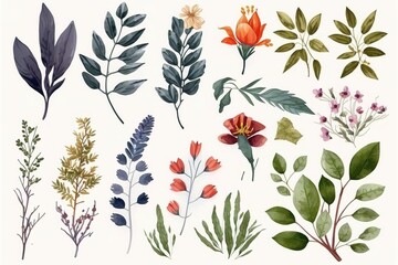 Watercolor floral elements with leaves and flowers on white background.